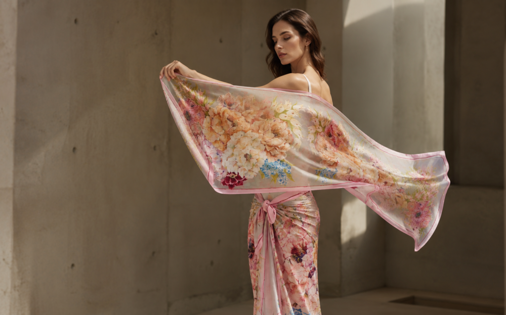 mujer con pareo y pashmina minimalista