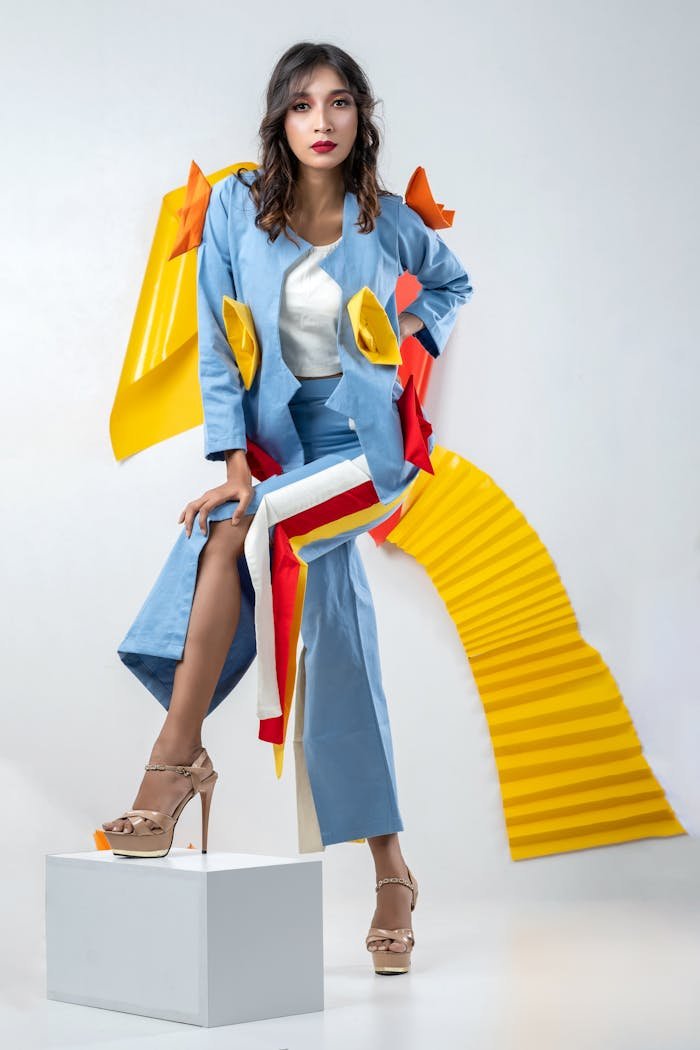The Art of Drawing Readers In: Your attractive post title goes here Dynamic studio portrait of a woman in colorful, artistic attire posing confidently.